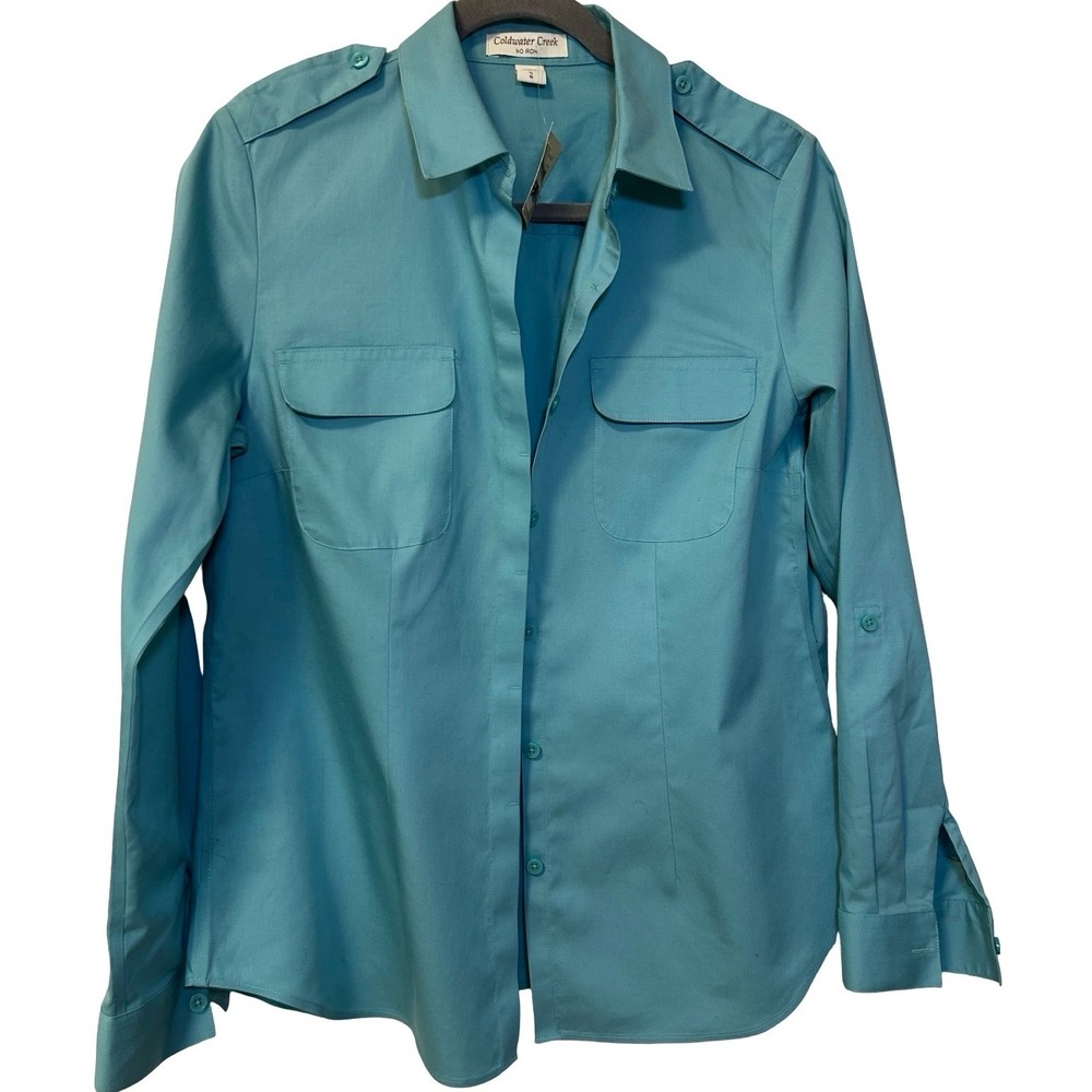Epaulets Utility Fit Button Down Shirt Teal Blue Sz 8 Coldwater Creek